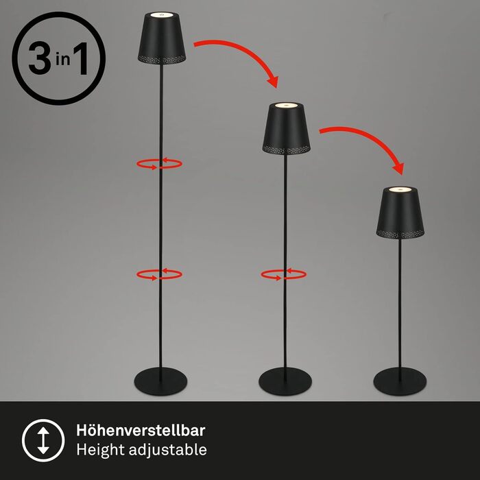 BRILONER – LED акумуляторний торшер 3 в 1, ступінчасте затемнення, сенсорне керування, бездротова, чорна, для вулиці