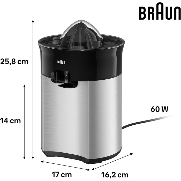 Цитрусовий прес Braun CitrusQuick 5 CJ5050 BK чорний 60W: прямий вилив, система запобігання краплин, автоматичний старт/стоп, легке очищення