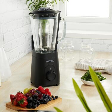 Скляний стаціонарний блендер Petra PT5531MBLKVDE, 1.5 л, BPA Free, 600 Вт, імпульсний режим, 2 швидкості, нержавіюча сталь, безпечна кришка, мірна шкала, для смузі