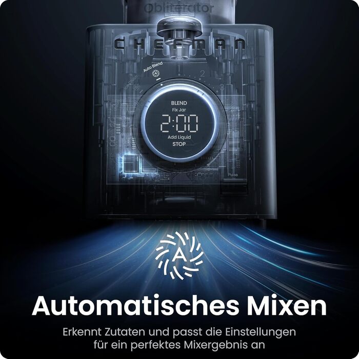 Блендер стаціонарний Chefman Obliterator 1.2л, 1380W, для смузі, льоду, горіхів, з нержавіючою сталлю, функція Auto Blend, пляшка 600мл - Midnight