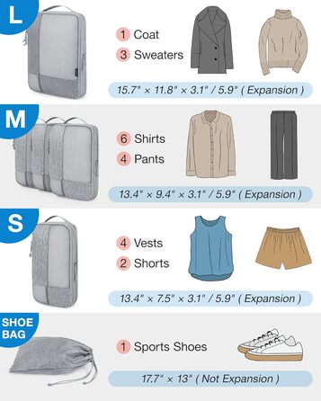 Набір компресійних органайзерів для подорожей BAGSMART (6 шт), міцні пакувальні куби для валізи та ручної поклажі, сірі