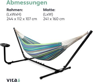 Гамак Vita5 з підставкою – великий, бавовняний (80%) та поліестеровий (20%) для саду, балкону, тераси, кемпінгу. Синьо-зелений, з сумкою для транспортування