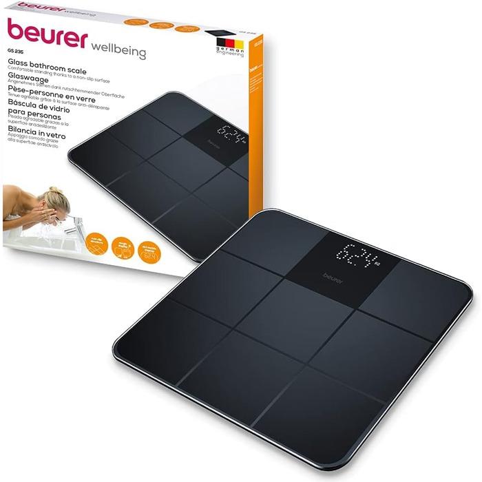 Ваги підлогові Beurer GS 235, скляні, цифрові, чорні, Magic-дисплей, антиковзка поверхня, автоматичне вмикання і вимикання