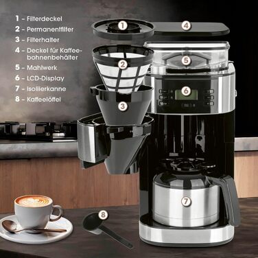 Кавомашина Barista Filterkaffeemaschine з регульованим млинком та скляною кавою | Функція підігріву, таймер 24 год та постійний фільтр | Для 10 чашок кави | Кавомашина для зерен та меленої кави [Нержавіюча сталь] (5) Нержавіюча сталь - термокава - з млинк