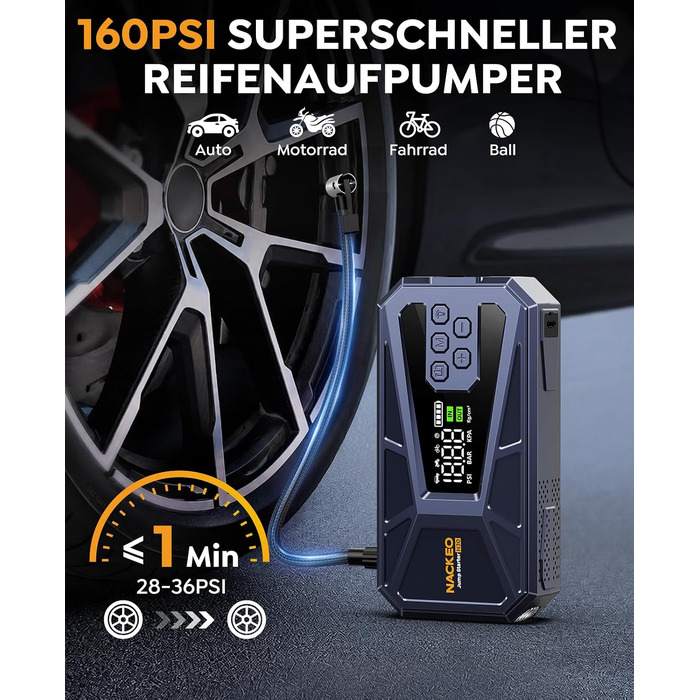 Пусковий пристрій (бустер) 8000A з компресором 160 PSI, Powerbank 12V для бензинових та дизельних двигунів до 12.0L, портативний стартер з LED-ліхтарем 600LM та кабелями