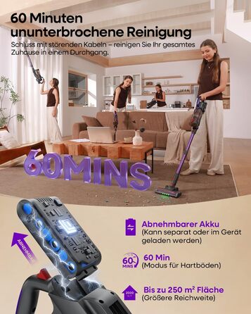 Акумуляторний бездротовий пилосос AlloyMove A03 Lila: 45000Pa, 450W, 60 хвилин, LED, для тварин, килимів, твердих поверхонь