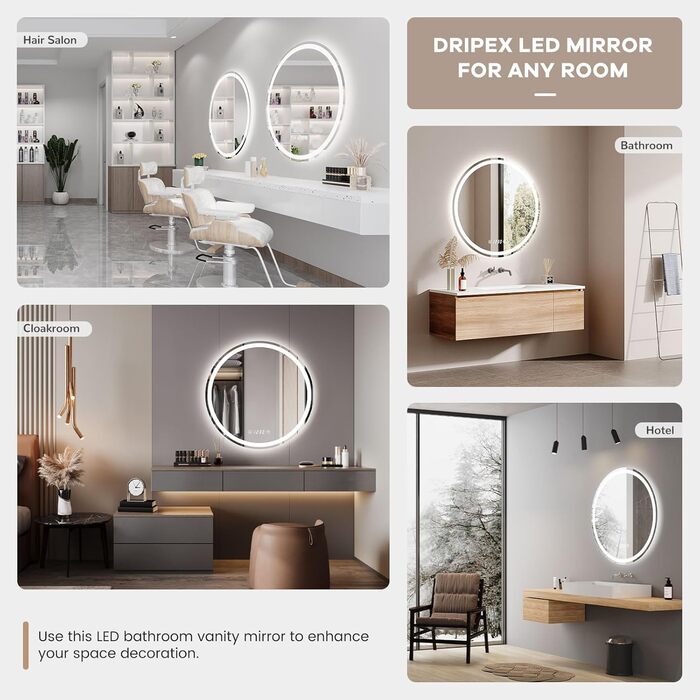 Дзеркало для ванної кімнати Dripex круглої форми з підсвічуванням LED, сенсорне керування, регулювання яскравості, 3 кольори світла, запобігання запотіванню, 50x50 см