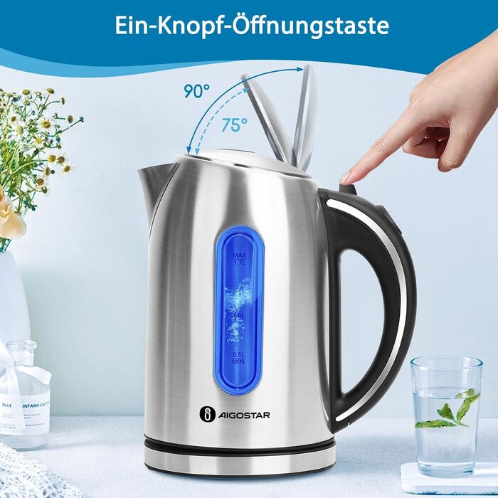 Електричний чайник Aigostar King 1,7 л, нержавіюча сталь, 2200 Вт, LED підсвітка, фільтр від накипу, захист від перегріву, BPA Free