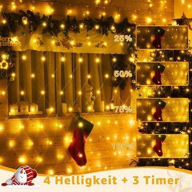 Світлодіодна сітка Ollny 3x2м, 200 LED, тепле біле світло, для вулиці та кімнати, з пультом, таймером, водонепроникна IP67, 8 режимів, для кущів, саду, балкона