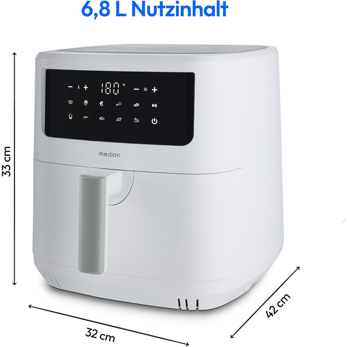 Аерофритюрниця MEDION P10 XL Duo 6,8 л, 2150 Вт, XXL Airfryer з двома нагрівальними елементами, 9 програмами та сенсорним керуванням, біла