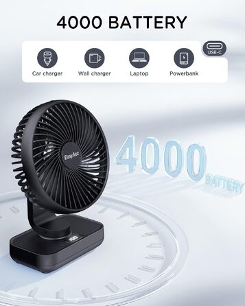 EasyAcc Настільний вентилятор з акумулятором, USB, автоматичне обертання, 4 швидкості, портативний для офісу, дому, бібліотеки, кемпінгу - Чорний