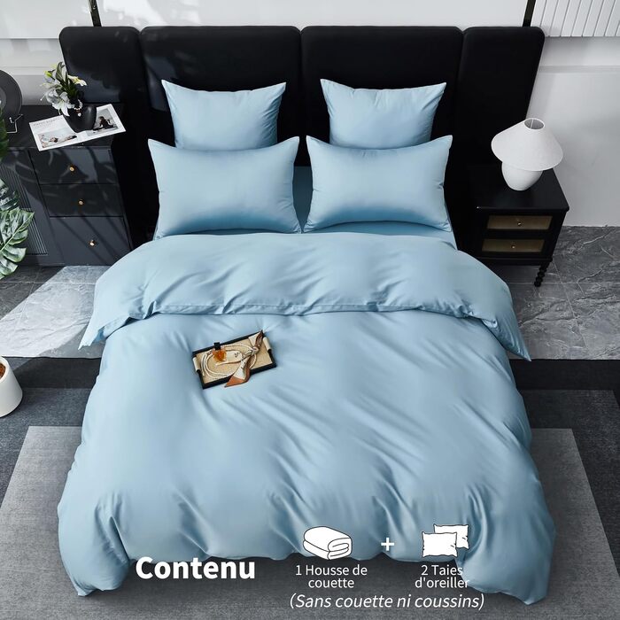 Постільна білизна Deluxe з бавовняного сатину, комплект для двоспального ліжка (220x240 см + 2 подушки 65x65 см), світло-блакитний, дихаюча тканина