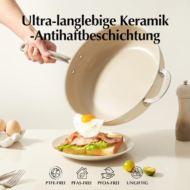 Сковорода Redchef 28 см з кришкою, антипригарне покриття, керамічна сковорода, індукційна сковорода з нержавіючою ручкою, без PTFE, PFOA, PFAS, для духовки, придатна для миття в посудомийній машині, бежева