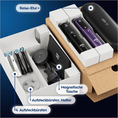 Електрична зубна щітка Oral-B iO Series 8 Plus Edition (набір 2 шт), 6 режимів чищення, 4 смінні насадки, дорожній кейс, чорний/фіолетовий