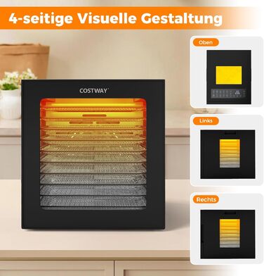 Сушарка для овочів, фруктів та м'яса COSTWAY 850W з 10 лотками з нержавіючої сталі, 10 програмами та таймером 48 год.