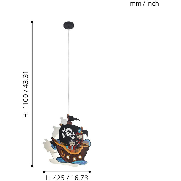 Дитяча підвісна лампа EGLO SAN CARLO з піратським мотивом, кольорова люстра у вигляді піратського корабля для хлопчиків і дівчат, сталева, 28 Вт, біла
