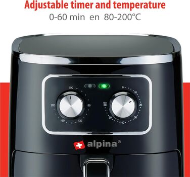 Alpina аерофритюрниця 4,5 л, чорна, для 3-4 осіб, 1450 Вт, регульована температура 80-200°C, таймер 60 хвилин
