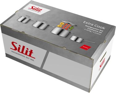 Набір кухонного посуду Silit Extra Cook 4-елементний: каструлі 16/20/24 см з кришкою, ковшик 16 см, внутрішня мірка, широке вушко, придатний для миття в посудомийній машині, з нержавіючої сталі Crominox
