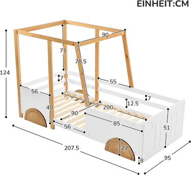 Дитяче ліжко-машинка Merax 90x200 см, з бортиками, ламелі, МДФ-колеса, каркас з сосни, біле + натуральне дерево, для хлопчиків і дівчаток