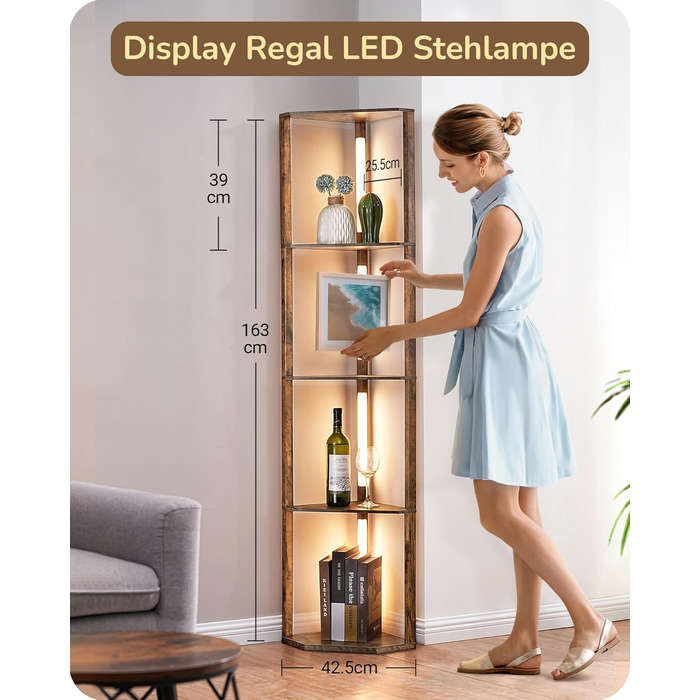 Торшер EDISHINE з дерев'яною полицею та LED підсвічуванням, диммований, 2700K-6500K, для вітальні, з полицею для книг, 360° обертання, чорний