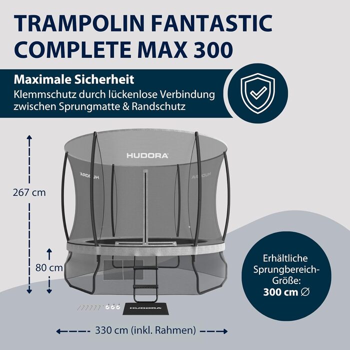 Батут садовий HUDORA Fantastic Complete Max: діаметр 300 см, з захисною сіткою, драбиною та захисним бортом, навантаження до 120 кг