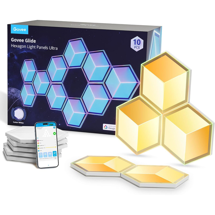 Світильник Govee Glide Hexagon Light Ultra, 3D RGBIC, Wi-Fi, 129 LED, сумісний з Alexa, 60 режимів, для геймерської кімнати, стіни, декору, 10 панелей, білий