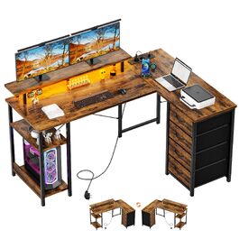 Кутовий письмовий стіл YOUDENOVA L-подібний з LED-підсвіткою, 4 шухлядами та розеткою, ігровий комп'ютерний стіл з полицею для монітора, вінтажний коричневий, 142x107 см