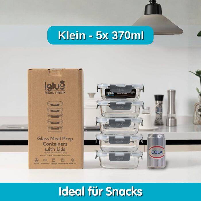 Набір скляних контейнерів для їжі Igluu Meal Prep (10 шт) — 370 мл та 1050 мл, герметичні ланч-бокси для зберігання продуктів