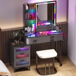 Туалетний столик з підсвіткою RGB, LED дзеркалом, табуретом, 6 шухлядами, скляною стільницею, тримачем для фену, USB Type-C, чорний