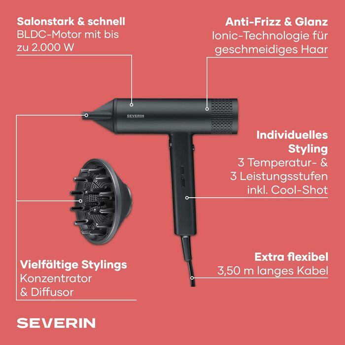 Іонізуючий фен для волосся Severin S-Style Speed Pro HT 0171 з BLDC-мотором, дифузором та концентратором, 2000 Вт, матовий чорний