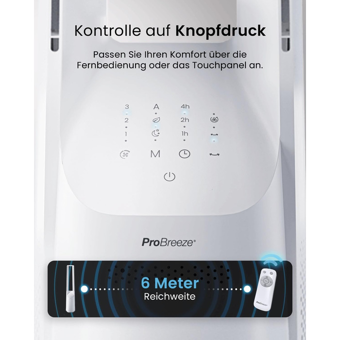 Вентилятор без лопатей Pro Breeze 101 см з LED дисплеєм, 6 швидкостей, 5 режимів, авто-коливання 60°, таймер 7 годин, управління через додаток та пульт, білий