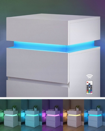 Приліжкова тумба Songmics біла, 3 шухляди, з LED-підсвіткою