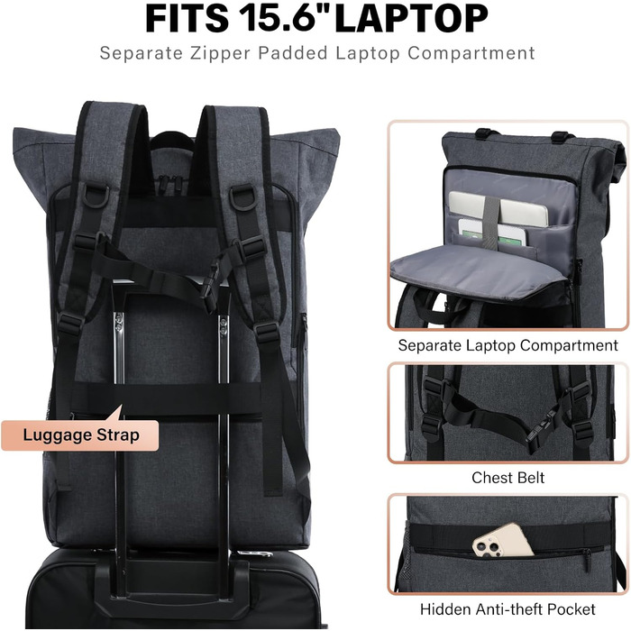 Рюкзак LOVEVOOK Rolltop для чоловіків і жінок, водонепроникний, для ноутбука 15,6'' – шкільний, дорожній, ручна поклажа для подорожей і бізнесу, чорний
