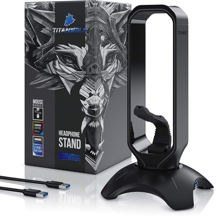 Підставка для ігрових навушників Titanwolf з LED підсвіткою, USB-хабом 2x USB 3.2 Gen1, мишебанджі, 6 RGB кольорів, зміна підсвітки