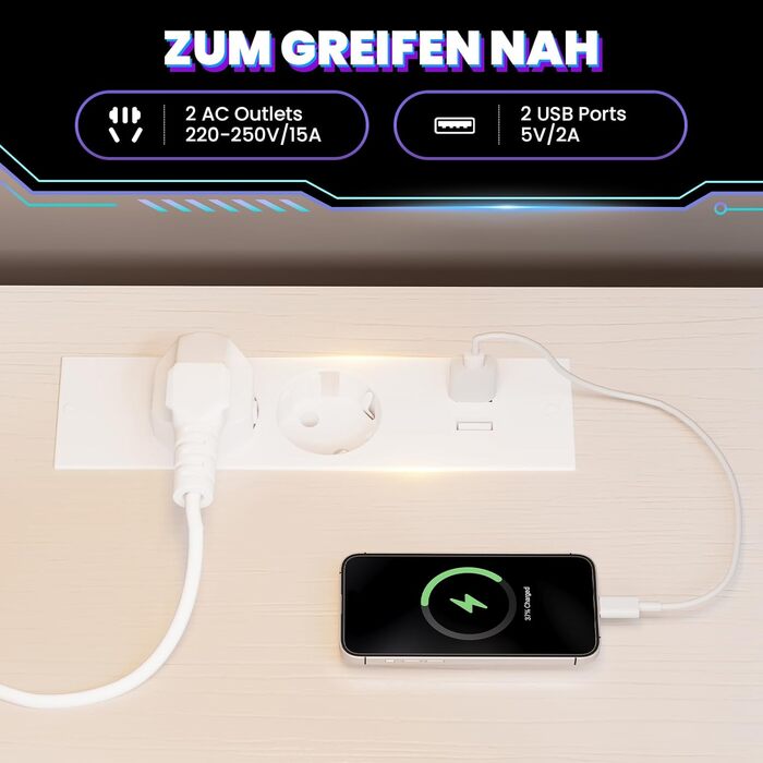 Ігровий стіл YOUDENOVA L-подібний з LED, розеткою USB, поличкою та перфорованою стінкою, 120x80 см. Комп'ютерний стіл для геймерів та дому, білий