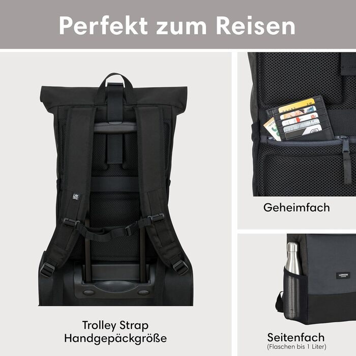 Рюкзак LARKSON Rolltop для жінок і чоловіків, водостійкий, для ноутбука, подорожей, роботи, університету, велосипедний, чорний/сірий, універсальний розмір
