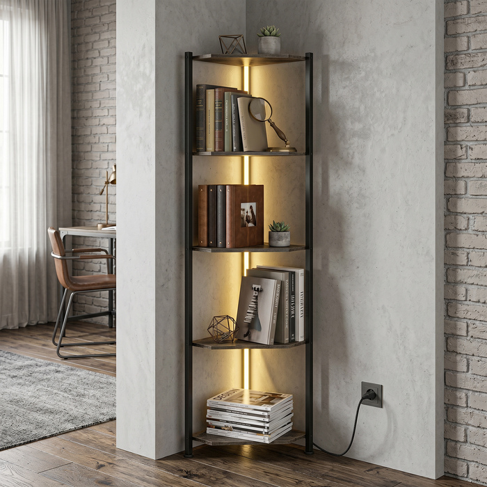 Кутовий стелаж для книг на 5 полиць з LED-підсвіткою для вітальні, спальні та офісу, рустикальний коричневий