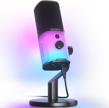 MAONO XLR/USB ігровий динамічний мікрофон з RGB підсвіткою, шумозаглушенням, кнопкою вимкнення звуку та регулятором гучності для подкастів і стрімінгу, з настільною підставкою PD100X