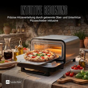 Електрична піч для піци Heidenfeld Pizzaboss, 1850 Вт, до 450°C, повний набір, сріблясто-чорний