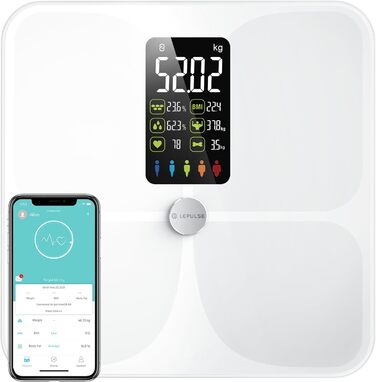 Розумна вага Lepulse Lescale F4 з аналізом складу тіла, визначенням жирової та м'язової маси, ультраточна вага з великим дисплеєм, 15 показників, біла