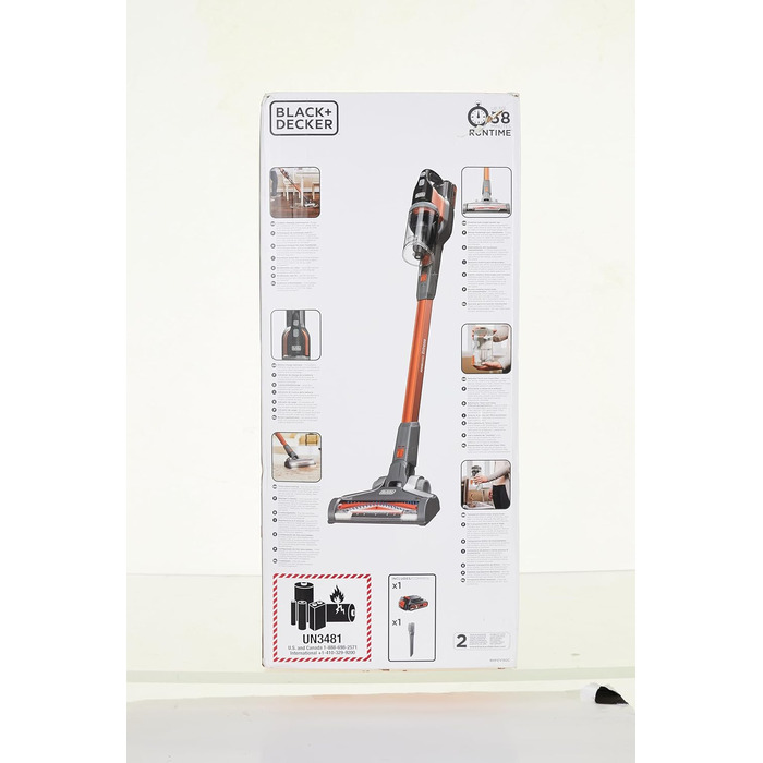 Акумуляторний пилосос BLACK+DECKER 4в1 18В 2.0Аг, безмішковий, для підлоги та ручний, з електрощіткою, бездротовий, комплект з насадкою для щілин, акумулятором, зарядним пристроєм і настінним кріпленням, Titanium/Orange
