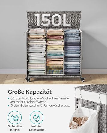 Кошик для білизни SONGMICS 160 л з кришкою, 3 секції, на колесах, знімний мішок, сіра ротанговий стиль, 70x36x66 см
