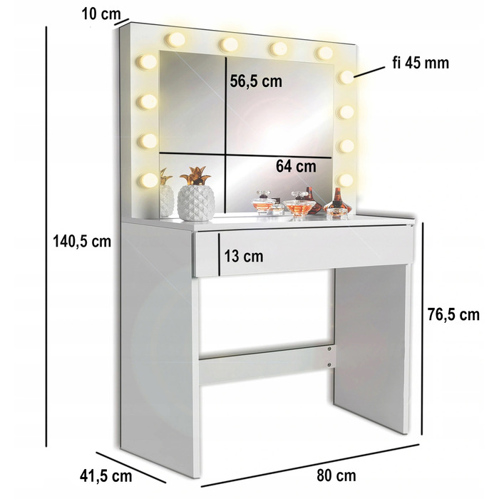 Косметичний столик білий (МДФ) з LED-підсвіткою та шухлядою
