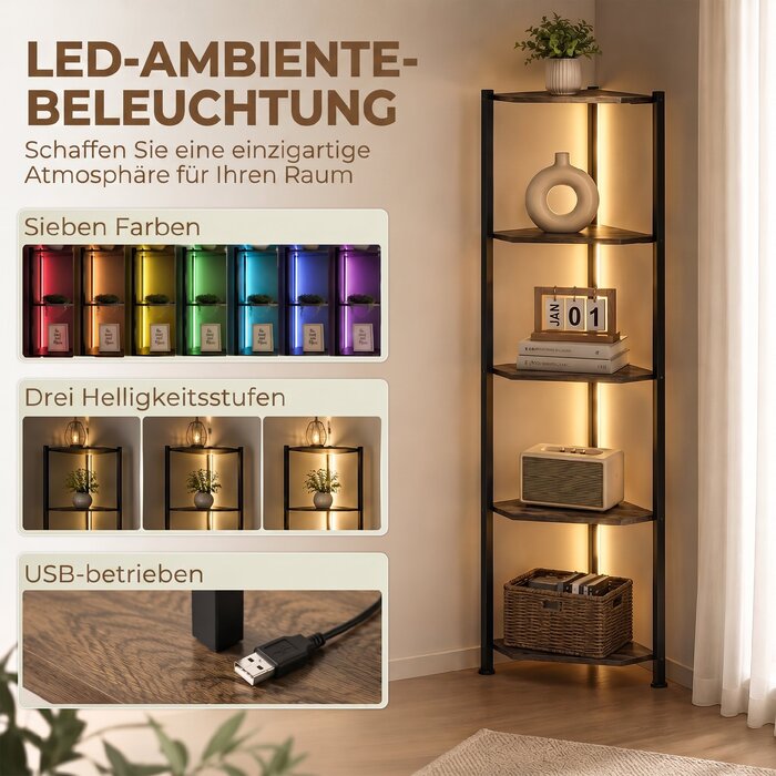 Кутовий стелаж для книг на 5 полиць з LED-підсвіткою для вітальні, спальні та офісу, рустикальний коричневий