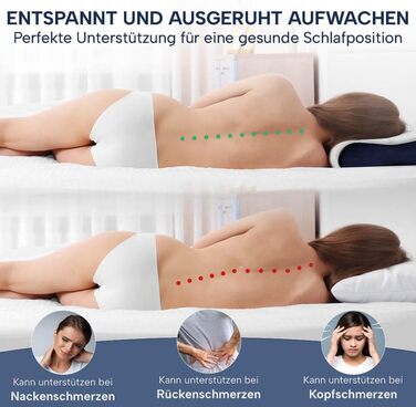 Ортопедична подушка для шиї з Memory Foam, регульована висота, знімає напругу голови та шиї, проти болю в шиї, 60x30 см, з синім чохлом, середньої жорсткості