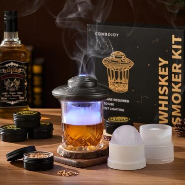Електричний набір для копчення віскі ComboJoy з LED-підсвіткою, 6 видами стружки, келихом та формою для льоду, сірий