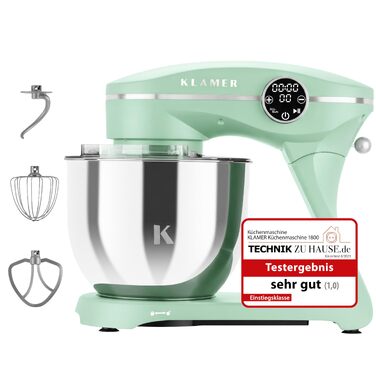 Кухонний комбайн KLAMER 1800W, планетарний міксер для тіста з чашею 6л з нержавіючої сталі, 10 швидкостей, таймером та набором насадок (Premium Mint)