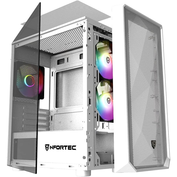 Nfortec DYS ігровий корпус для ПК Mini Tower (MATX), 3x 120 мм ARGB вентилятори, металева сітка, скляна бічна панель, білий