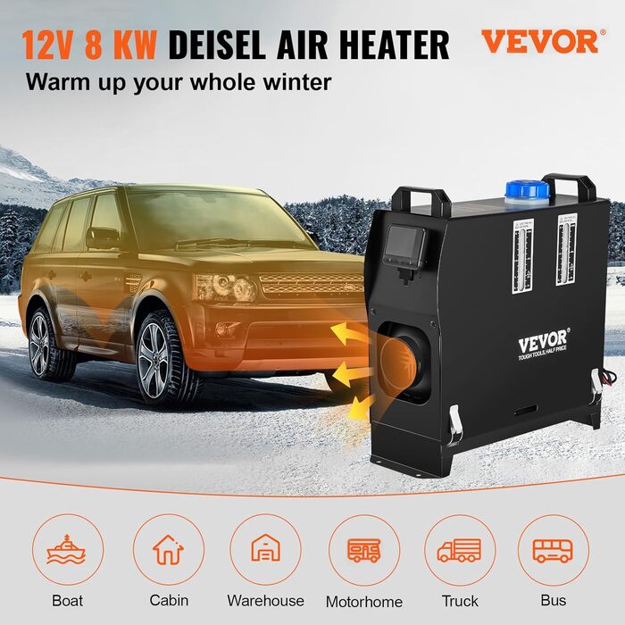 Дизельний обігрівач VEVOR 8 кВт, 12/24V, портативний, з Bluetooth, пультом та LCD-екраном, 5л бак для вантажівок/автобусів/кемперів (чорний)