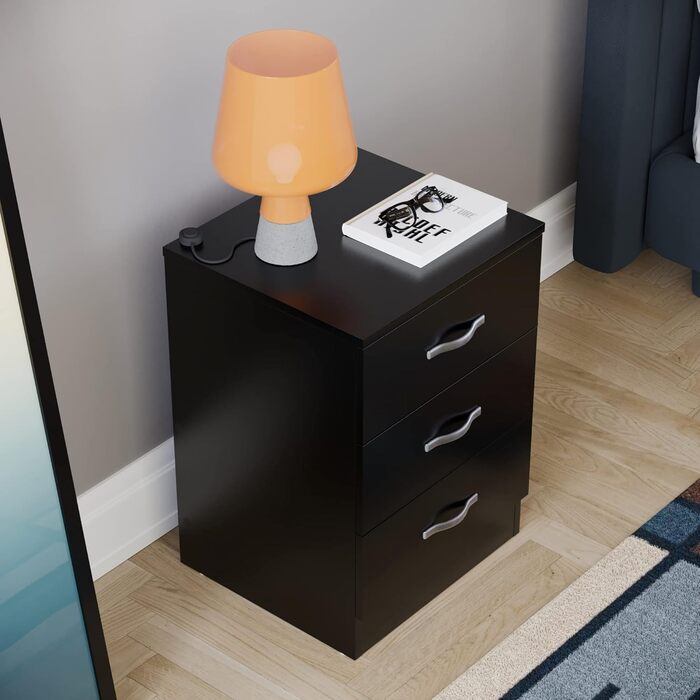 Тумба приліжкова Vida Designs Riano, 3 шухляди, чорна, металеві ручки, антидеформаційна підтримка, спальня
